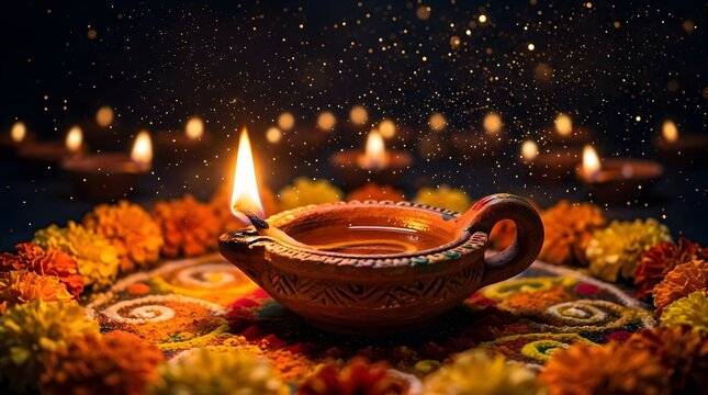 Traditional Diwali oil lamp with marigold flowers and decorative rangoli