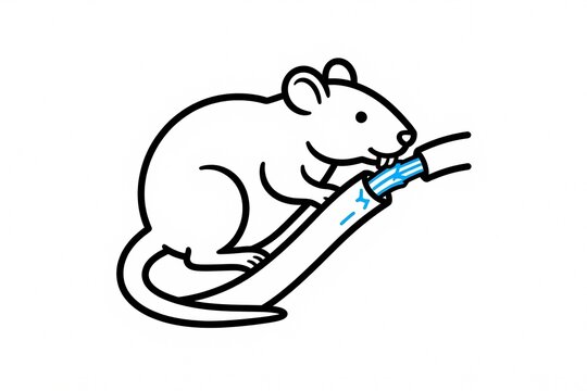 Line art illustration of a white rat or mouse gnawing on an electrical power cable causing damage with sparks showing a pest infestation problem