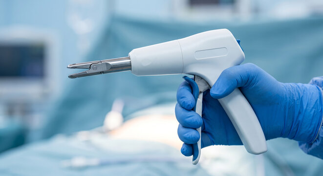 White laparoscopic surgical stapler held by medical professional in blue sterile glove.