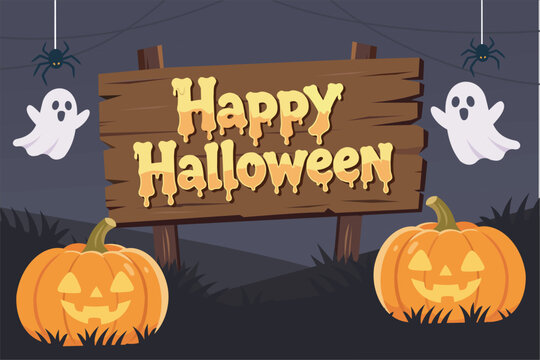 Happy Halloween wooden sign with pumpkins, ghosts, and spiders in flat 2D style. Vector illustration for spooky greeting banner.