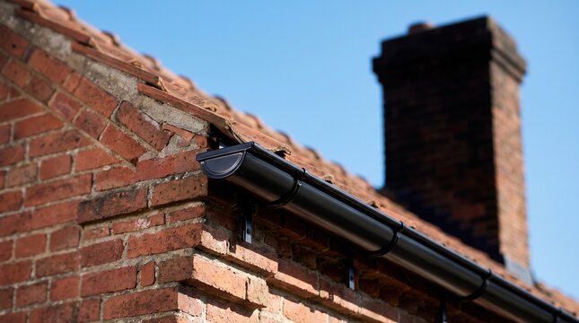 Close up of black gutter drainage installed on red brick house roof edge with chimney against blue sky