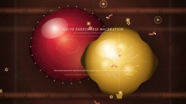 2D animation of haute parfumerie maceration process illustrating botanical maturation molecular fusion chemical esterification and solvate bridging for perfume extract