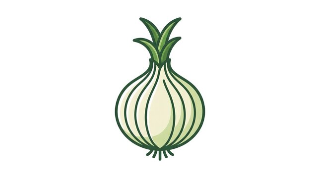  A minimalist vector illustration of a fresh onion bulb with green sprouts, isolated on a clean white background