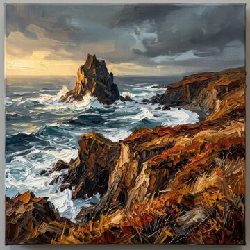 Ocean waves crash on rugged cliffs and sea stack under dramatic sky