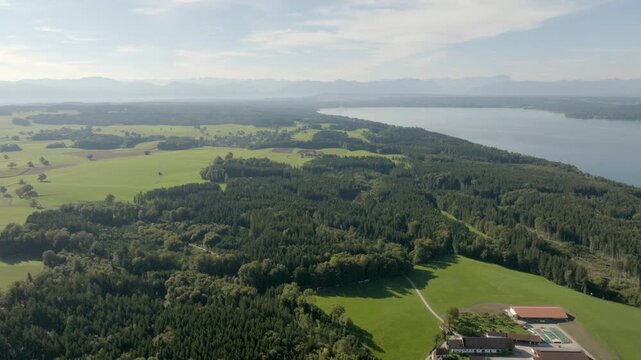 Aerial panorama of Lake Starnberg and Bavarian Alps in Germany