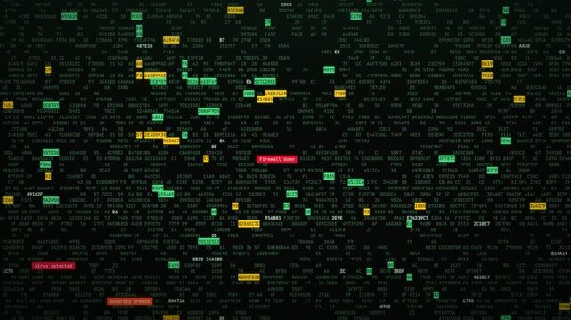 Green hacking screen with hexadecimal code and flashing security alerts, virus detected, DDoS attack, firewall down warnings, cyber attack background
