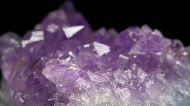 Amethyst (purple quartz) crystals sample against a black background	