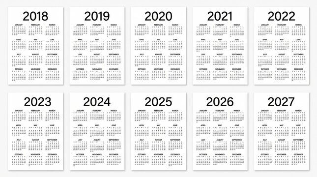 Yearly calendar templates set from 2018 to 2027 in minimalist style