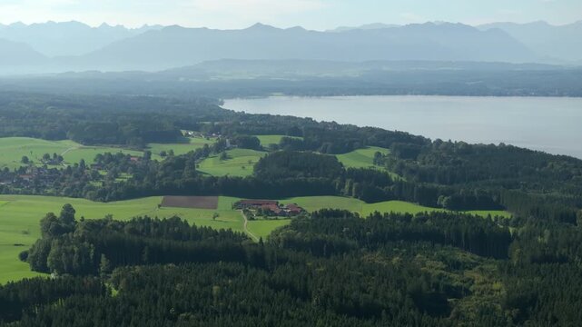 Aerial panorama of Lake Starnberg and Bavarian Alps in Germany