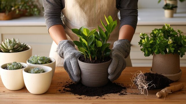 Planting Zamioculcas Zamiifolia: A person wearing gardening gloves carefully repots a Zamioculcas zamiifolia plant into a new container, surrounded by other potted succulents and healthy soil.