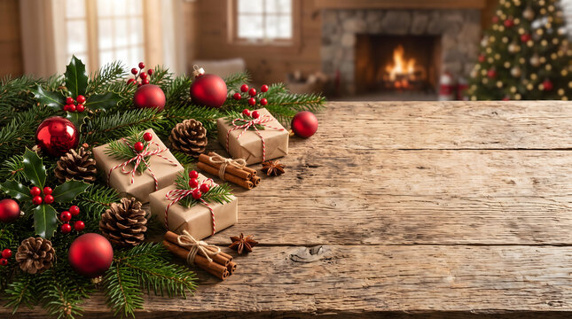 Rustic Christmas Gifts On Wooden Table