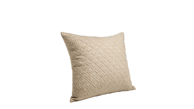 Soft comfortable square beige textile cushion pillow isolated on transparent background.