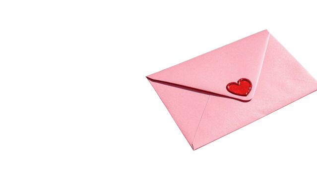 Closed elegant pink paper envelope with red heart isolated on transparent background.