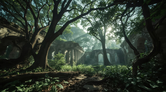 Overgrown ancient ruins in forgotten kingdom surrounded by forest