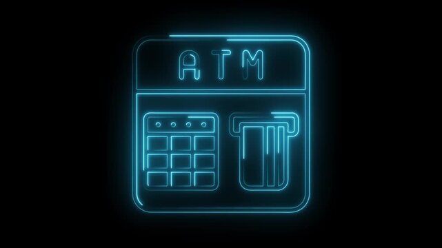 Neon atm machine animation on black background cash withdrawal banking system