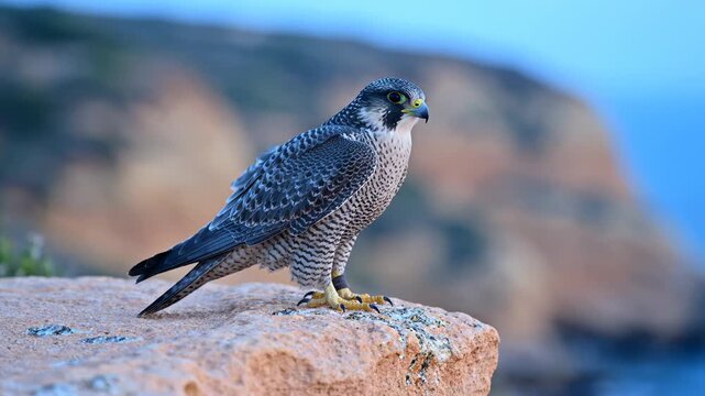 Majestic Peregrine Falcon Perched on Coastal Cliff Looking Around in Wildlife Habitat