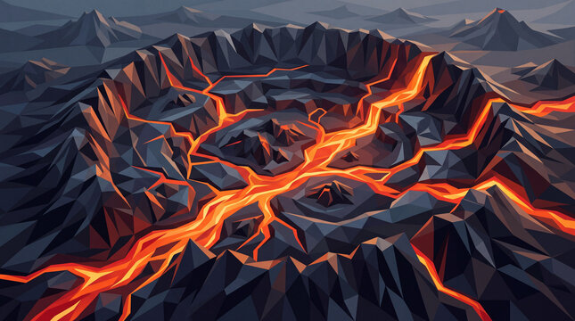 Abstract Low-Poly Volcanic Crater with Glowing Magma and Obsidian Rock Vector Background