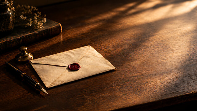 Vintage wax seal and quill pen resting on aged parchment document with red wax imprint