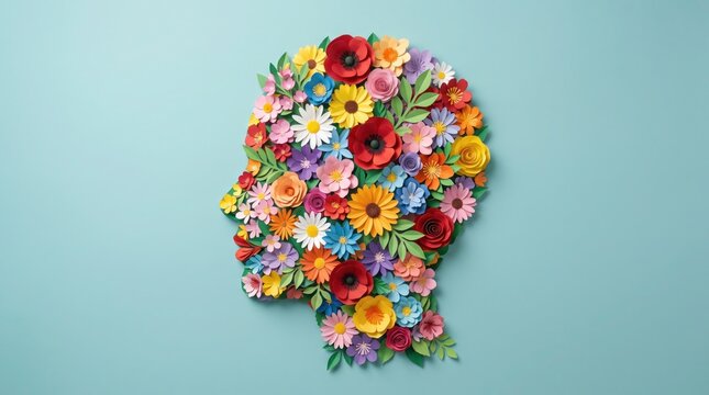 Profile head silhouette made of colorful paper flowers representing vibrant thoughts for world mental health day art.