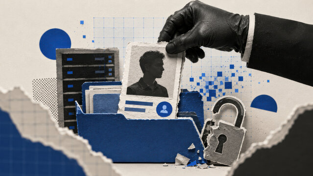Cut paper collage of a gloved hand stealing an ID photo from a file folder beside a broken padlock and server. Data breach, identity theft and stolen personal data