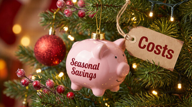 Pink piggy bank ornament representing seasonal christmas savings and rising holiday costs on festive tree.