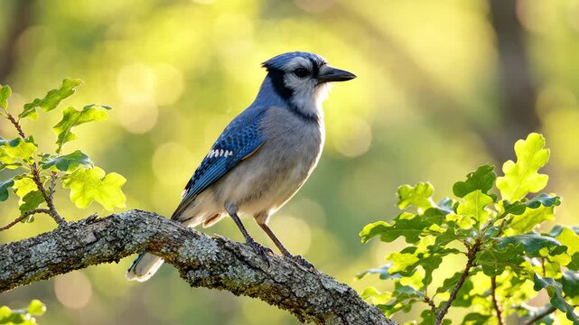 Stunning Blue Jay Bird Perched on Tree Branch in Forest, Looking Around With Vibrant Green Bokeh Background