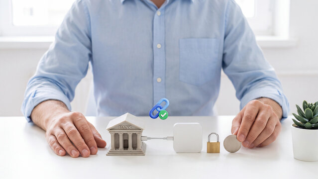 Bank API connection and fintech integration concept. Man with bank building model linked by cable to device, padlock, coin and verified link for safe digital banking payment