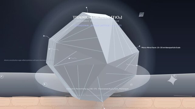 Animation of physical sunscreen mechanism showing titanium dioxide mineral micro-shield forming an epidermal matrix to deflect ultraviolet rays and preserve cellular integrity of the skin