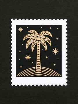 Gold palm tree and stars illustration on perforated postage stamp