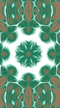 Abstract symmetrical pattern with glowing green and brown fluid shapes.
