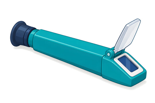 A handheld refractometer with a slim teal body, a round eyepiece and an open hinged daylight plate, isolated on white