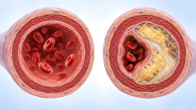 Side by side comparison of normal artery cross section versus artery blocked by cholesterol plaque