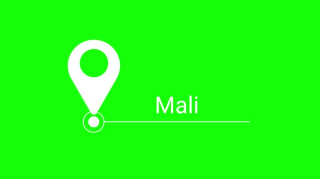 Location pin marker animation with Mali text on green screen chroma key background for travel and navigation concepts.