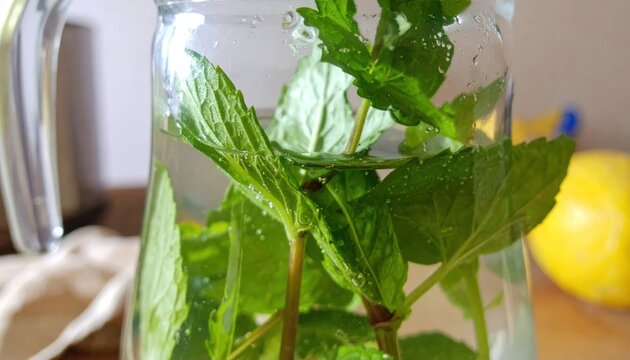 Glass pitcher with fresh mint leaves in water.
