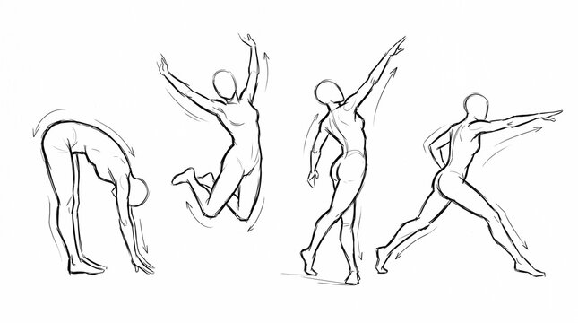 Set of four dynamic female figure poses for artistic drawing reference and animation.