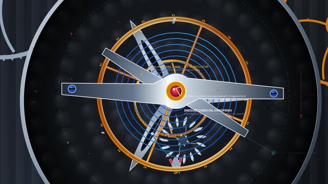 3D animated diagram of a tourbillon watch mechanism showcasing gravity cancellation and chronometric equilibrium with technical annotations explaining the rotating carriage and escapement assembly