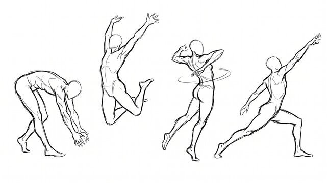 Set of four dynamic human figure poses for artistic anatomy study and character design.