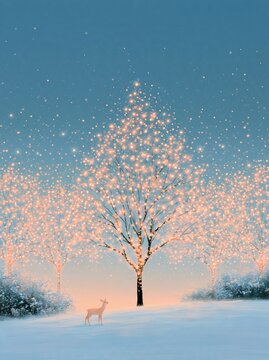 Glowing tree and deer in a snowy winter forest illustration