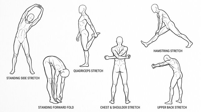 Set of human body poses demonstrating various stretching exercises for fitness and flexibility training.
