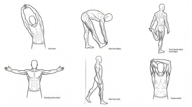 Set of six instructional line art illustrations demonstrating various human body stretching exercises for fitness and health.