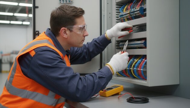 Industrial electrician using insulated precision pliers to adjust internal wiring inside commercial control panel
