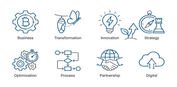 Business Transformation icon set. Contain icons related to Business, transformation, innovation, strategy, growth, optimization, process, and more. Editable stroke. Vector illustration.