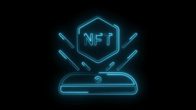 Nft hologram display with glowing blue neon light on black background cryptocurrency concept