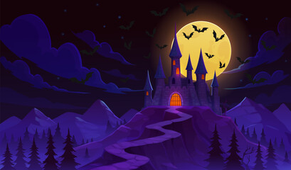 Halloween night dark castle with towers, creepy moon and flying bats over spooky house in haunted forest. Cartoon night castle or Dracula mansion on mountain hill with road and full moon moonlight © Seavector