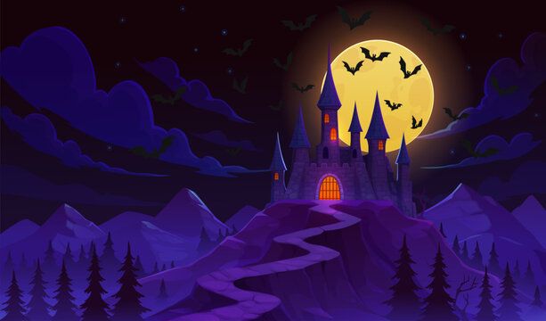 Halloween night dark castle with towers, creepy moon and flying bats over spooky house in haunted forest. Cartoon night castle or Dracula mansion on mountain hill with road and full moon moonlight