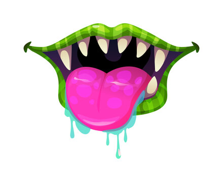 Cartoon monster mouth with sharp fangs and open screaming jaw. Vector pink tongue, green blistered lips on scary grin. Halloween monster smile with slimy dripping drool