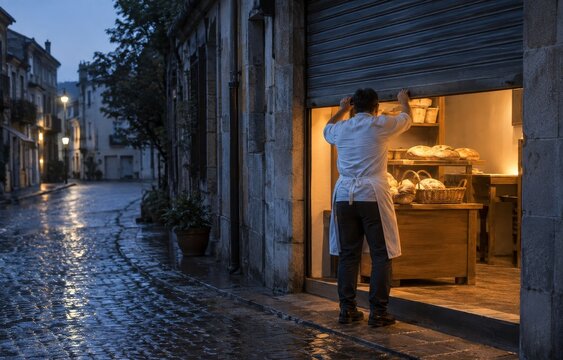 Baker Opening Traditional Bakery on Rainy Street at Dawn