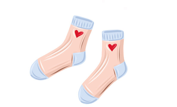 Pair of cozy pink winter socks with heart details vector illustration isolated on white background