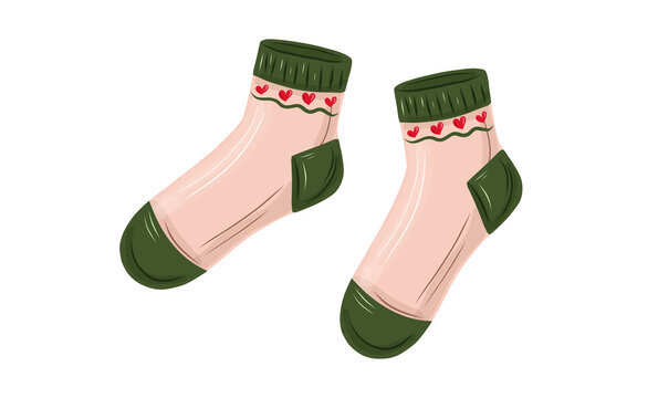 Pair of cozy knitted warm winter socks with green trim vector illustration isolated on white background
