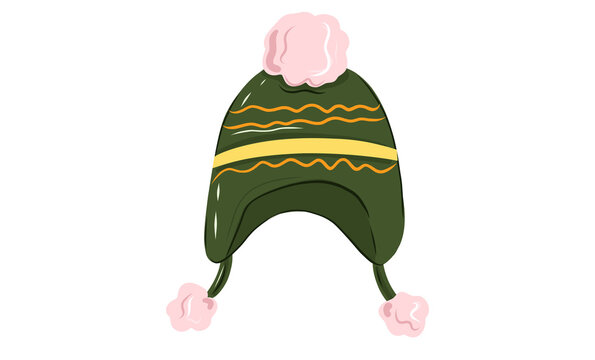 Green knitted winter hat with tassels and pom-pom vector illustration isolated on white background